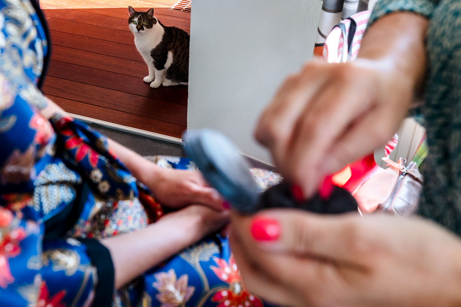 voorbereidingen van de bruid met een kat op de achtergrond